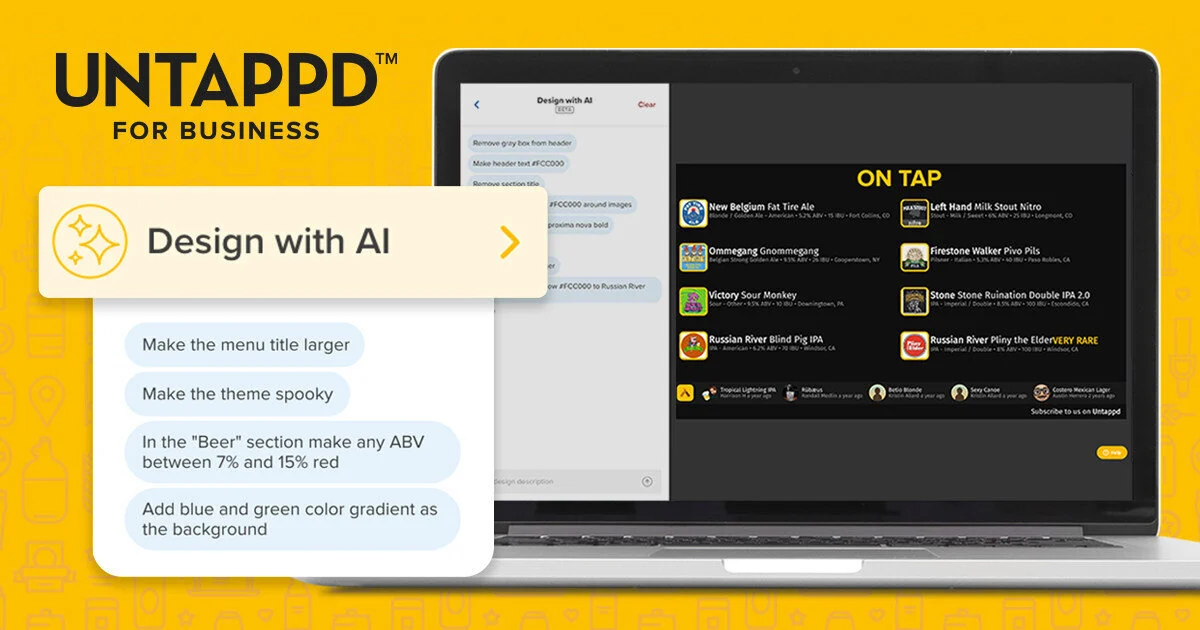Untappd for Business promotional graphic for "Design with AI" feature enhancement