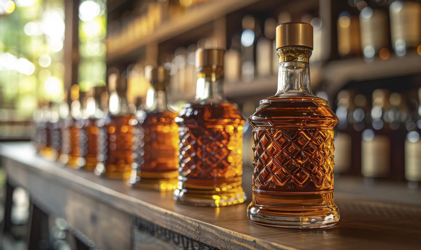 A row of unlabeled whiskey or bourbon bottles on a bar