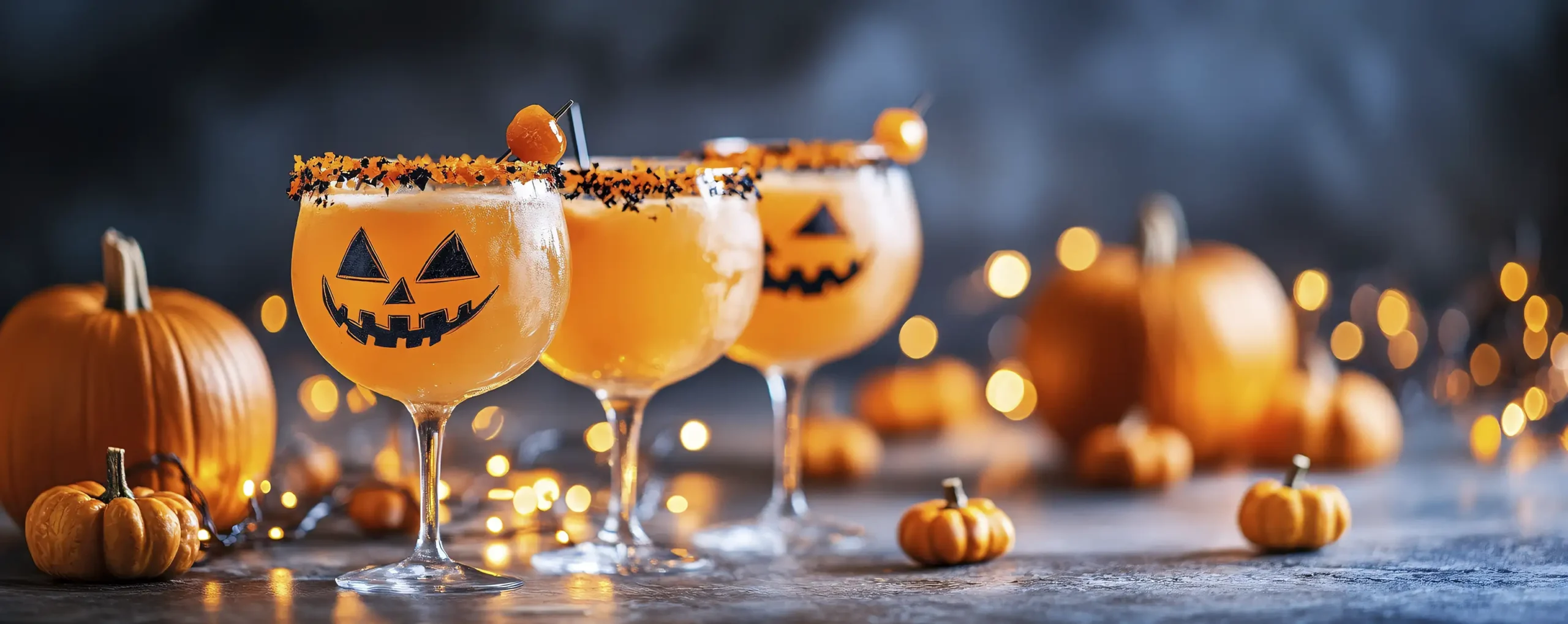 Halloween inspired cocktails in pumpkin Jack O Lantern glasses