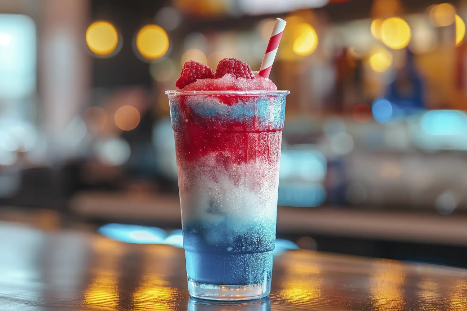 A frozen red, white, and blue mixed drink