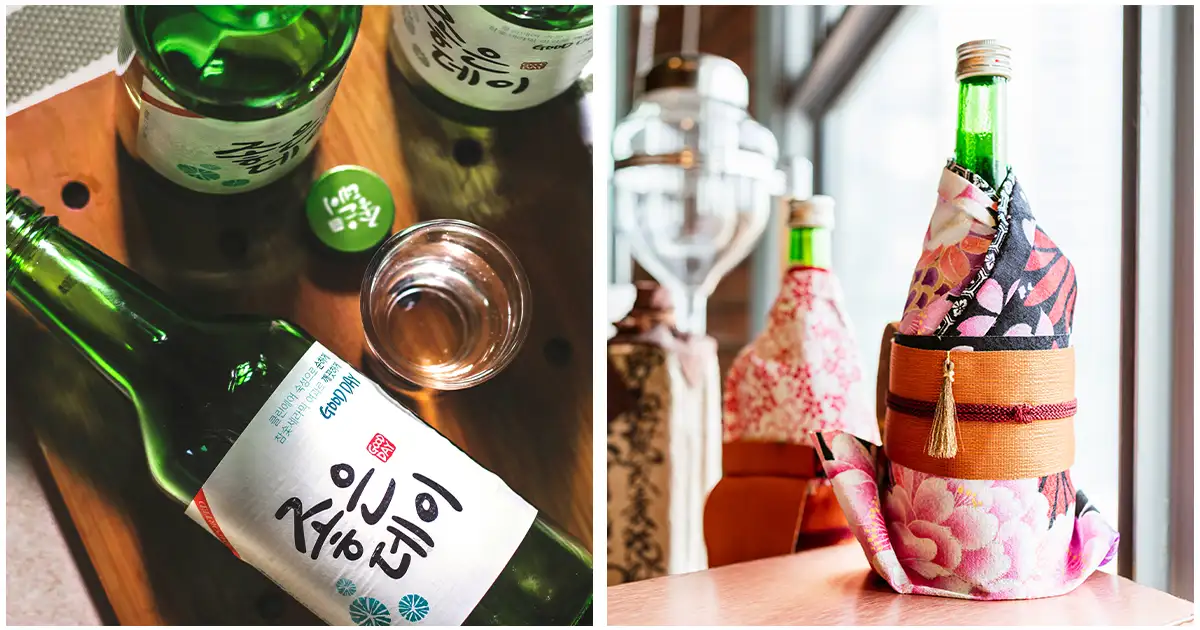 A side-by-side photo of a bottle of sake (left) and soju (right)