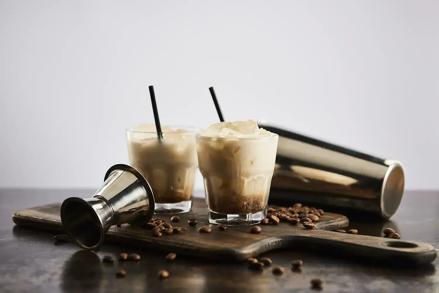 White Russian coffee cocktails with bar equipment