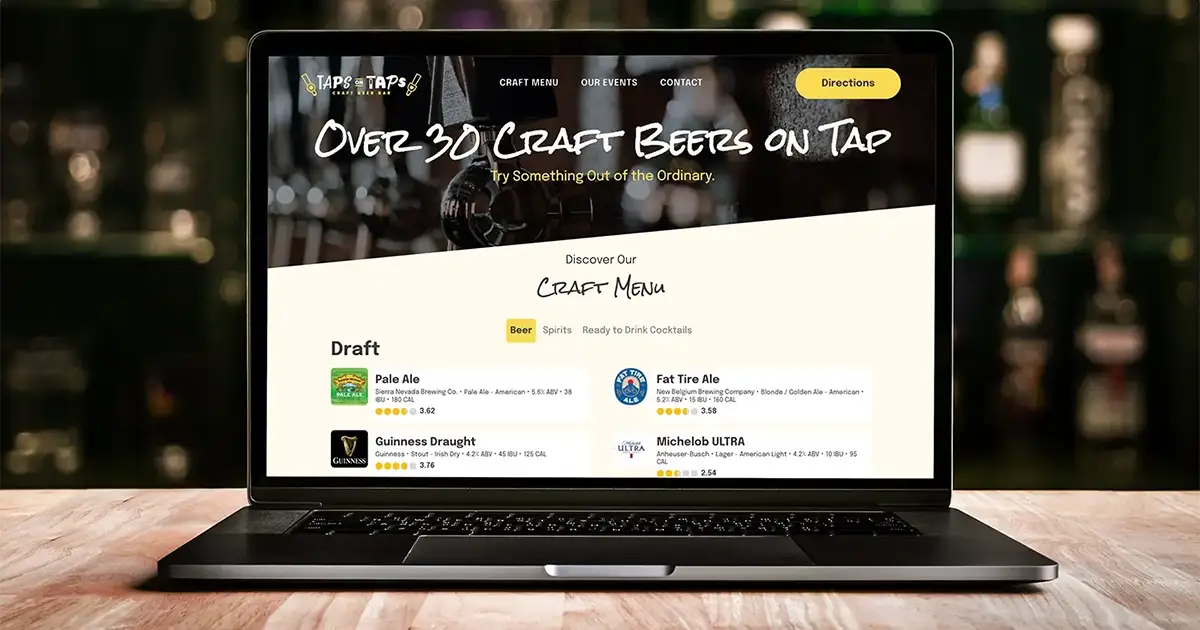 A craft brewery or taproom website on a laptop screen